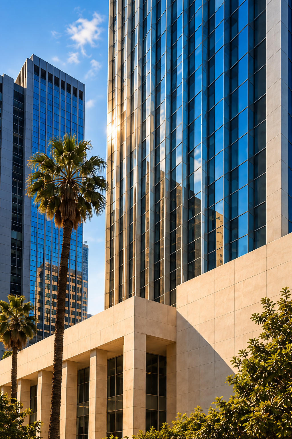 Architectural illustration of glass office towers, limestone façades and palm trees in warm sunlight